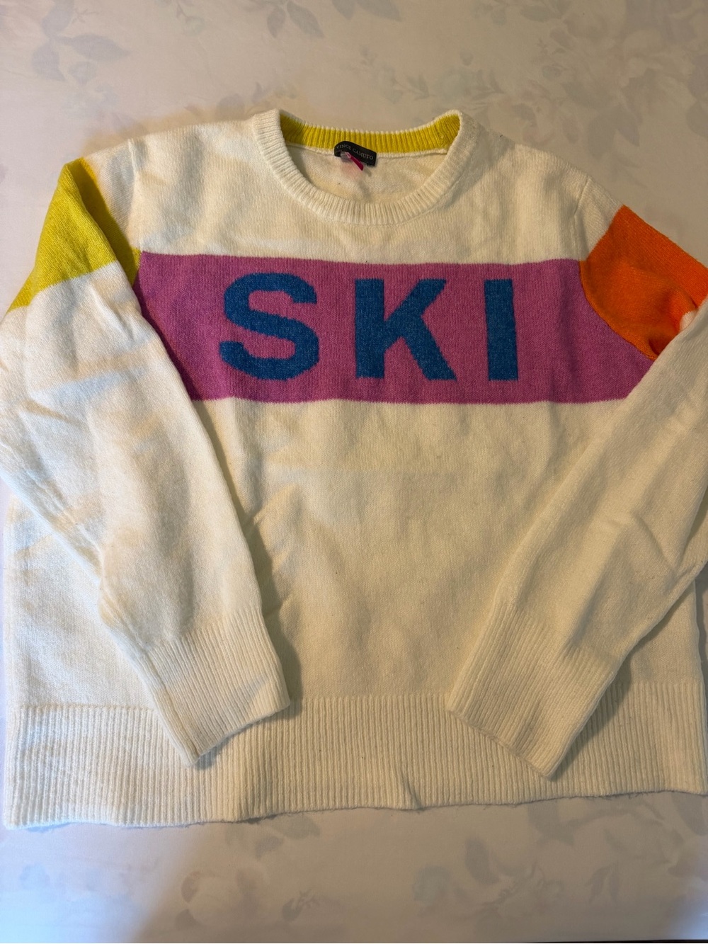 Vince Camuto White Crewneck Sweater with Pink Panel and Blue 'SKI'